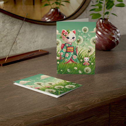 🌸🌬️ The Dandelion Wishes Kitten Greeting Card – Whimsical Floral Meadow