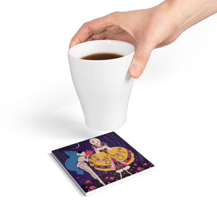 🌹🌙 The Queen Of The Midnight Roses Ceramic Coaster – Art Deco Garden Fantasy