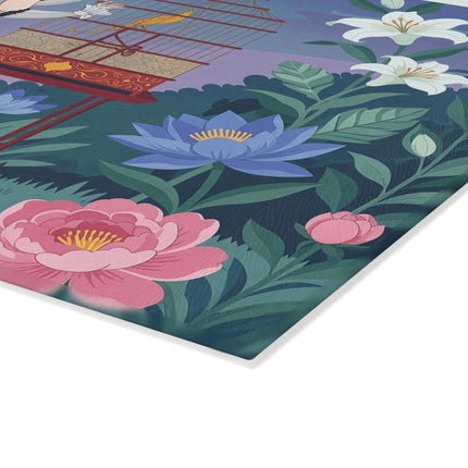 🐦🌸 The Lady Of The Golden Songbird Glass Cutting Board – Art Deco Floral Garden Elegance