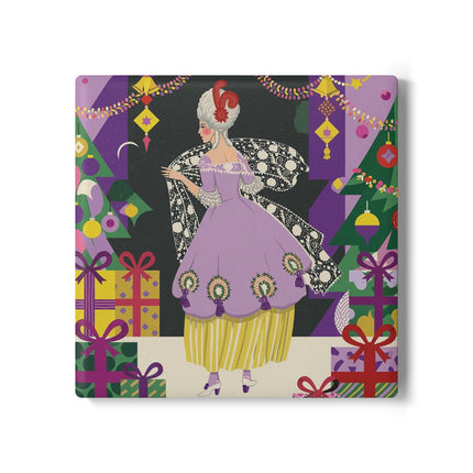 💜🎄 The Lavender Christmas Masquerade Ceramic Tile – Art Deco Holiday Elegance
