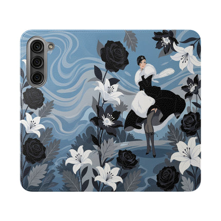 🖤🤍 The Lady Of The Black Rose Garden Flip Case – Art Deco Floral Elegance