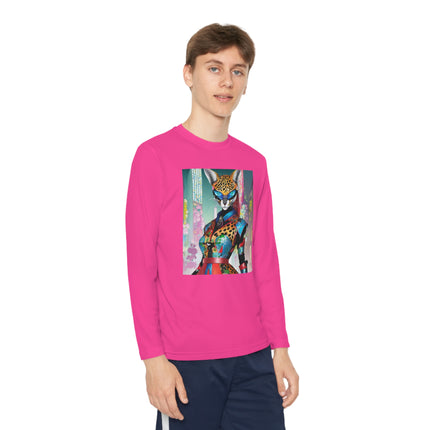 Cyber Cat Glamour Youth Long Sleeve Competitor Tee – Neon Elegance & Futuristic Style