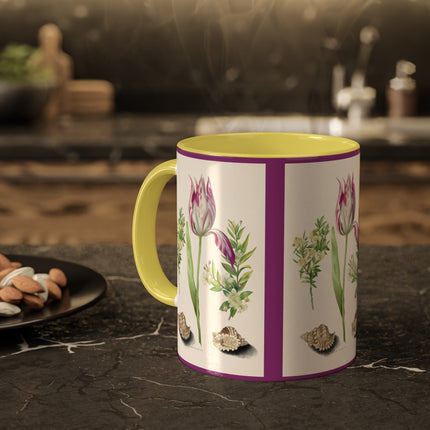 Tulip, Branches of Myrtle and Shells by Maria Sibylla Merian Colorful Mugs, 11oz