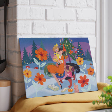 🎄🌸 Christmas Morning Embrace Glass Cutting Board – Whimsical Holiday Fantasy