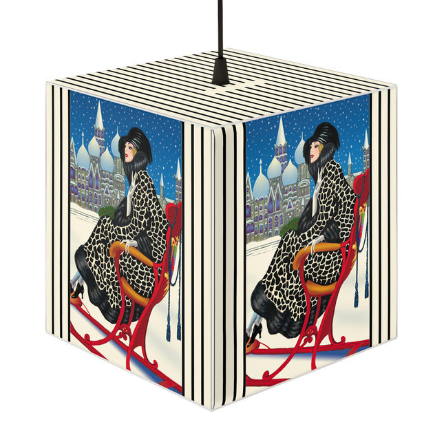 Elegant Winter Woman in Sleigh Light Cube Lamp