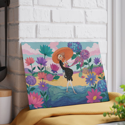 🌸☂️ The Lady Of The Painted Parasol Glass Cutting Board – Art Deco Floral Seaside Elegance