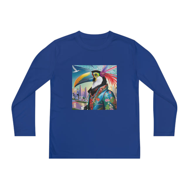 Cyber Toucan Chic Youth Long Sleeve Competitor Tee – Neon Feathers & Futuristic Style