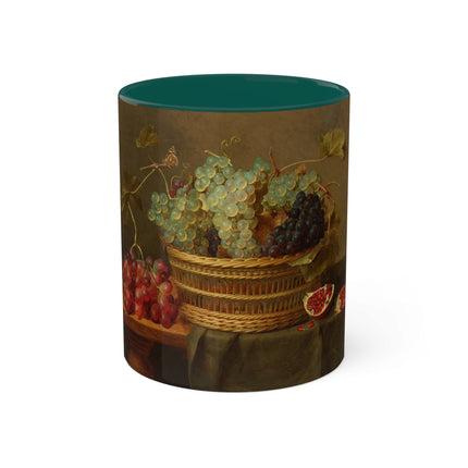Basket of Grapes and a Pomegranate on a Table by Jacob van Hulsdonck Colorful Mugs, 11oz