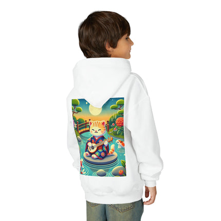 Melodic Kitten by the Koi Pond Youth Hooded Sweatshirt – Peaceful Harmony & Playful Music