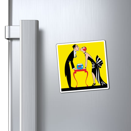 A Moment of Elegance: A Passionate Embrace Amidst Golden Splendor Magnets (3 Sizes)