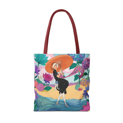 ☂️🌺 The Lady Of The Seaside Parasol Tote Bag – Art Deco Floral Fashion