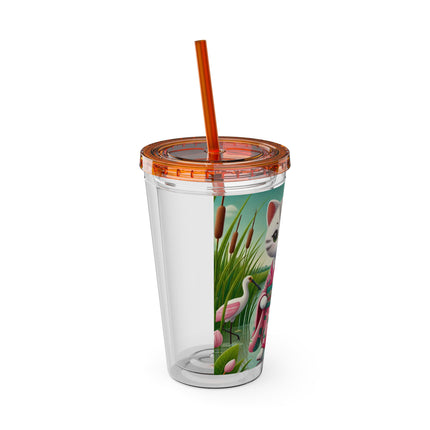 Geisha Kitten Strolls Among the Spoonbills Sunsplash Tumbler with Straw, 16oz