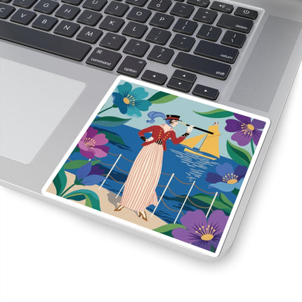 🌊🔭 The Lady Of The Seaside Lookout Kiss-Cut Stickers – Art Deco Nautical Adventure