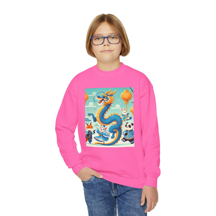 Blue & Gold Dragon Festival Parade Youth Crewneck Sweatshirt – Celebration, Color & Joyful Movement