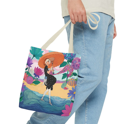 ☂️🌺 The Lady Of The Seaside Parasol Tote Bag – Art Deco Floral Fashion