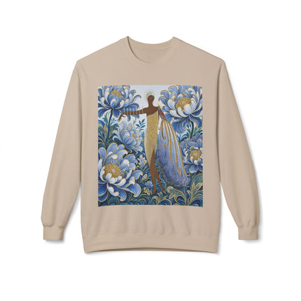 💙✨ The Lady Of The Gilded Blue Blossom Garden Midweight Crewneck Sweatshirt – Art Deco Floral Elegance
