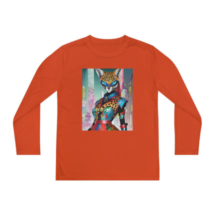 Cyber Cat Glamour Youth Long Sleeve Competitor Tee – Neon Elegance & Futuristic Style