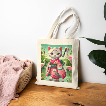 Geisha Kitten Strolls Among the Spoonbills Cotton Canvas Tote Bag – Serene Grace & Marshland Wonder