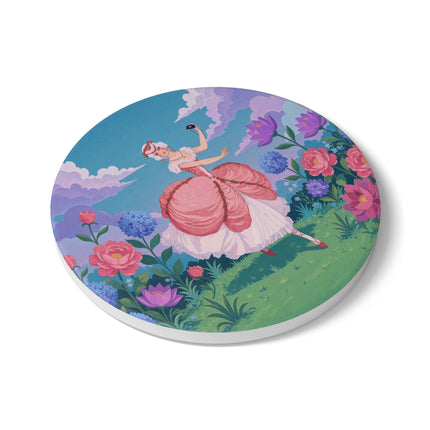 🎭🌸 The Lady Of The Secret Masquerade Ceramic Coaster – Art Deco Garden Fantasy