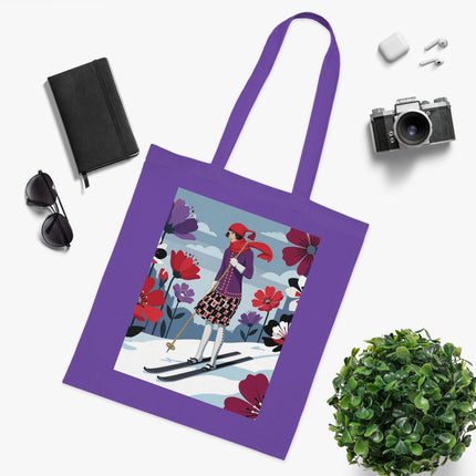 🎿🌺 The Winter Flower Skier Cotton Tote Bag – Art Deco Winter Fantasy