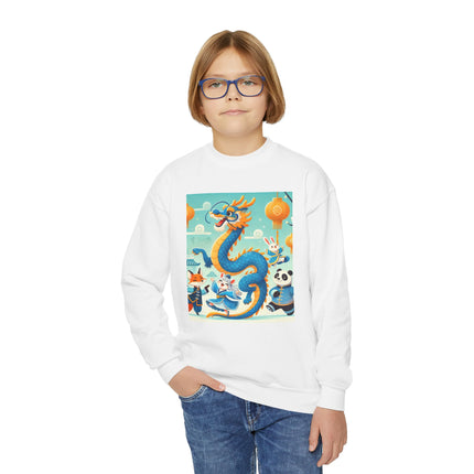 Blue & Gold Dragon Festival Parade Youth Crewneck Sweatshirt – Celebration, Color & Joyful Movement