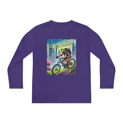 Cyberpunk Frog Youth Long Sleeve Competitor Tee – Neon Trails & Futuristic Adventure