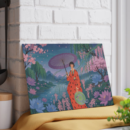 🌸☂️ The Lady Of The Lotus Garden Glass Cutting Board – Art Deco Oriental Floral Elegance