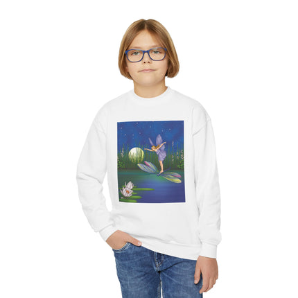 Fairy on a Dragonfly Youth Crewneck Sweatshirt – Enchanting Moonlit Fantasy