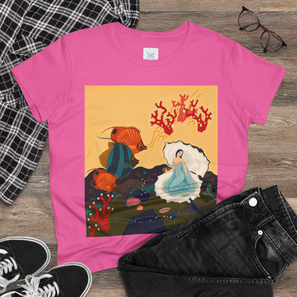 🐚🪸 The Lady Of The Coral Reef Cotton Tee – Art Deco Ocean Fantasy