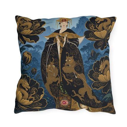 🐉🌺 The Golden Dragon Empress Outdoor Pillow – Art Deco Oriental Fantasy