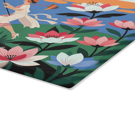 🌸🦋 The Butterfly Chase Garden Glass Cutting Board – Art Deco Whimsical Floral Elegance