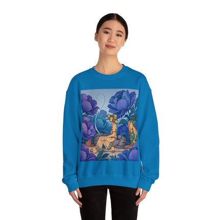 💙🌸 The Lady Among The Blue Blossoms Crewneck Sweatshirt – Art Deco Floral Reverie