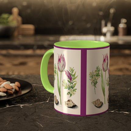 Tulip, Branches of Myrtle and Shells by Maria Sibylla Merian Colorful Mugs, 11oz