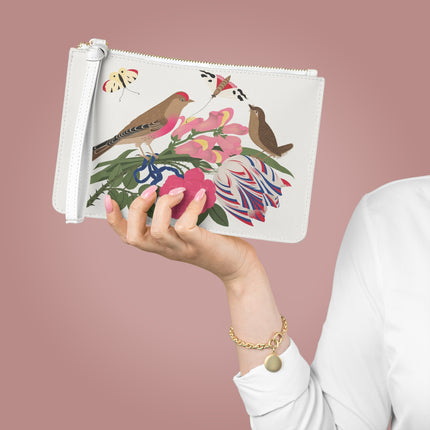 Pink-Breasted Bird & Wren Clutch Bag – Elegant Joy & Springtime Charm