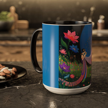 The Lady And The Moonlit Peak Colorful Mugs – Art Deco Alpine Garden Elegance