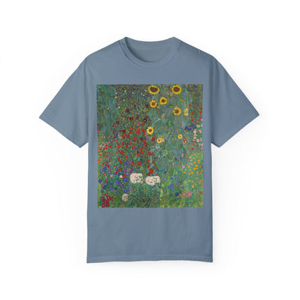 Farm Garden with Sunflowers by Gustav Klimt Unisex Garment-Dyed T-shirt