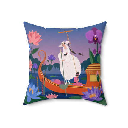 🪷🛶 The Lady Of The Lotus Lake Square Pillow – Art Deco Garden Voyage
