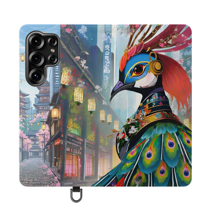 🦚🌸 Techno Plumes Peacock Flip Case – Neon Elegance & Sakura Dreams