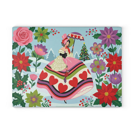❤️🌺 The Lady Of The Christmas Heart Garden Glass Cutting Board – Art Deco Holiday Romance