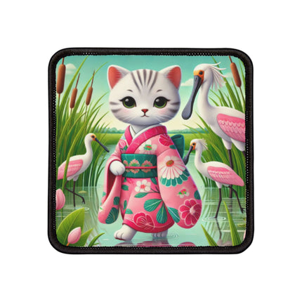 Geisha Kitten Strolls Among the Spoonbills Iron-On Patches