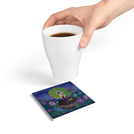 🧶☂️ The Lady Of The Moonlit Garden Knitting Ceramic Coaster – Art Deco Floral Whimsy
