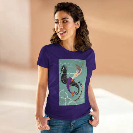 Mermaid on Seahorse Women's Midweight Cotton Tee – Dreamy Ocean Fantasy