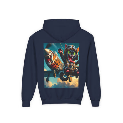 Parachuting Cat Commando Youth Hooded Sweatshirt – Action, Adventure & Wild Imagination