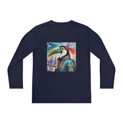 Cyber Toucan Chic Youth Long Sleeve Competitor Tee – Neon Feathers & Futuristic Style