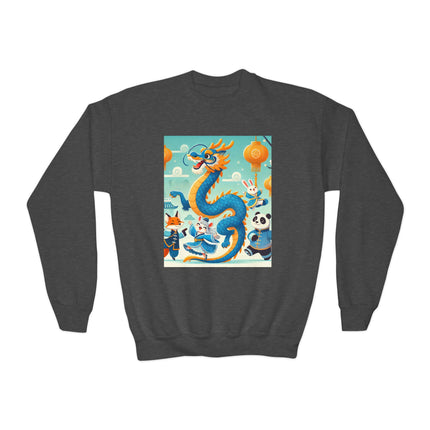 Blue & Gold Dragon Festival Parade Youth Crewneck Sweatshirt – Celebration, Color & Joyful Movement