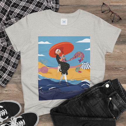 Beachside Promenade Women's Midweight Cotton Tee – Summer Glamour & Coastal Joy