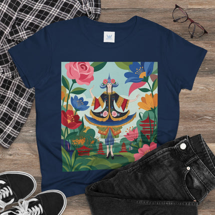 🌸🏯 The Pagoda Garden Enchantress Cotton Tee – Colorful Art Deco Fashion Fantasy