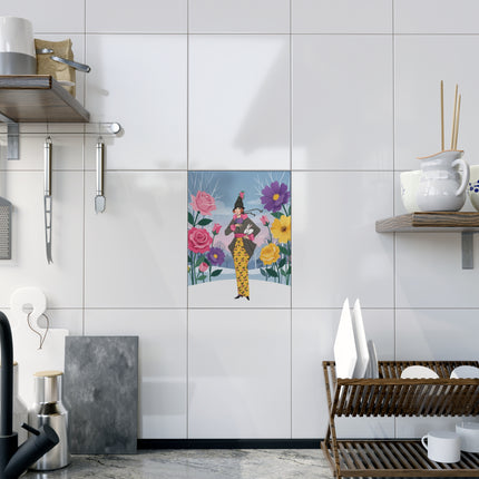 🐇🌹 The Lady With The White Rabbit Ceramic Tile – Art Deco Winter Garden
