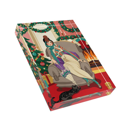🖤🔥 The Lady Of The Christmas Hearth Acrylic Art Block – Art Deco Holiday Elegance