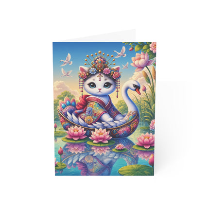 🪷🦢 The Lotus Swan Princess Kitten Greeting Card – Whimsical Garden Elegance